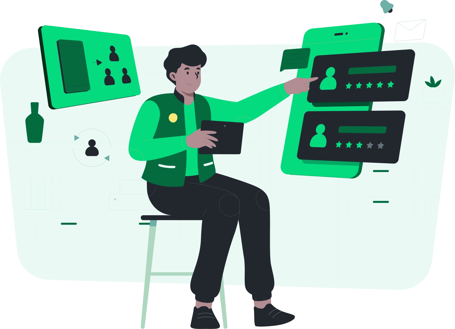 This image depicts a person in a green shirt seated at a workstation with multiple monitors, analysing a pie chart.