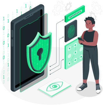 A person, standing by the sheild od protection amidst various cyber threats, representing Threat Hunting process of Mitigata.