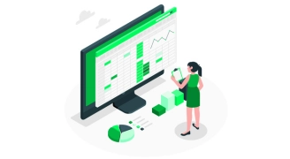 Illustration of a woman analyzing data on a large computer screen with charts, graphs, and blocks, holding a tablet in hand, representing data analytics or business reporting by Mitigata.