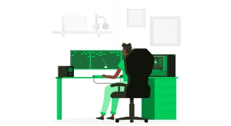 Illustration of a person sitting at a desk with multiple computer monitors, using a mouse and keyboard, depicting Mitigata cybersecurity monitoring or network operations.