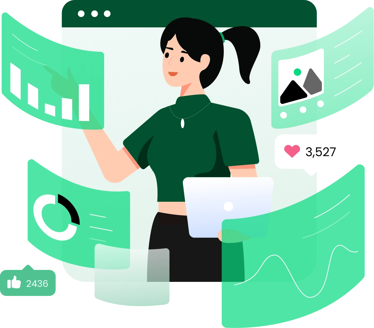 This image depicts a person in a green shirt seated at a workstation with multiple monitors, analysing a pie chart.