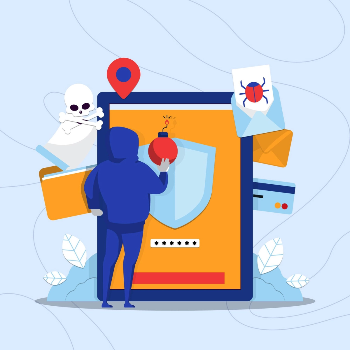 A person, standing by the sheild of protection amidst various cyber threats, representing Threat Hunting process of Mitigata.