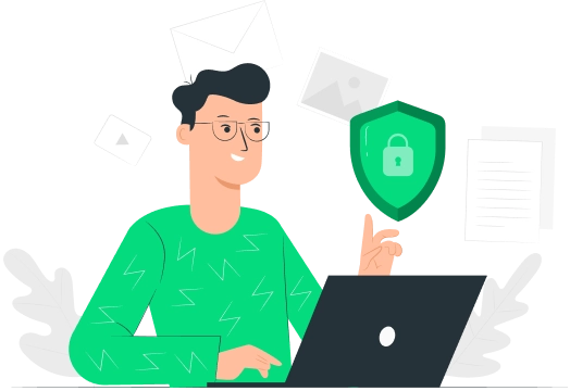 A person, standing by the sheild od protection amidst various cyber threats, representing Threat Hunting process of Mitigata.