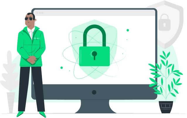 Illustration for 'Mitigata Console: Risk Monitoring' showing a person analysing data across three computer monitors, symbolising comprehensive cyber risk surveillance and analysis.