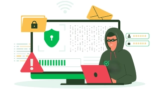 A person, standing by the sheild od protection amidst various cyber threats, representing Threat Hunting process of Mitigata.