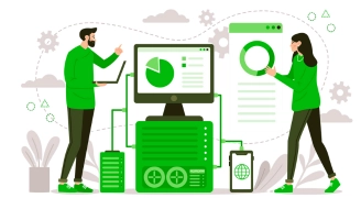 Two people standing near the systems for Automated Monitoring of cyber threats, representing Improvement process of Mitigata.