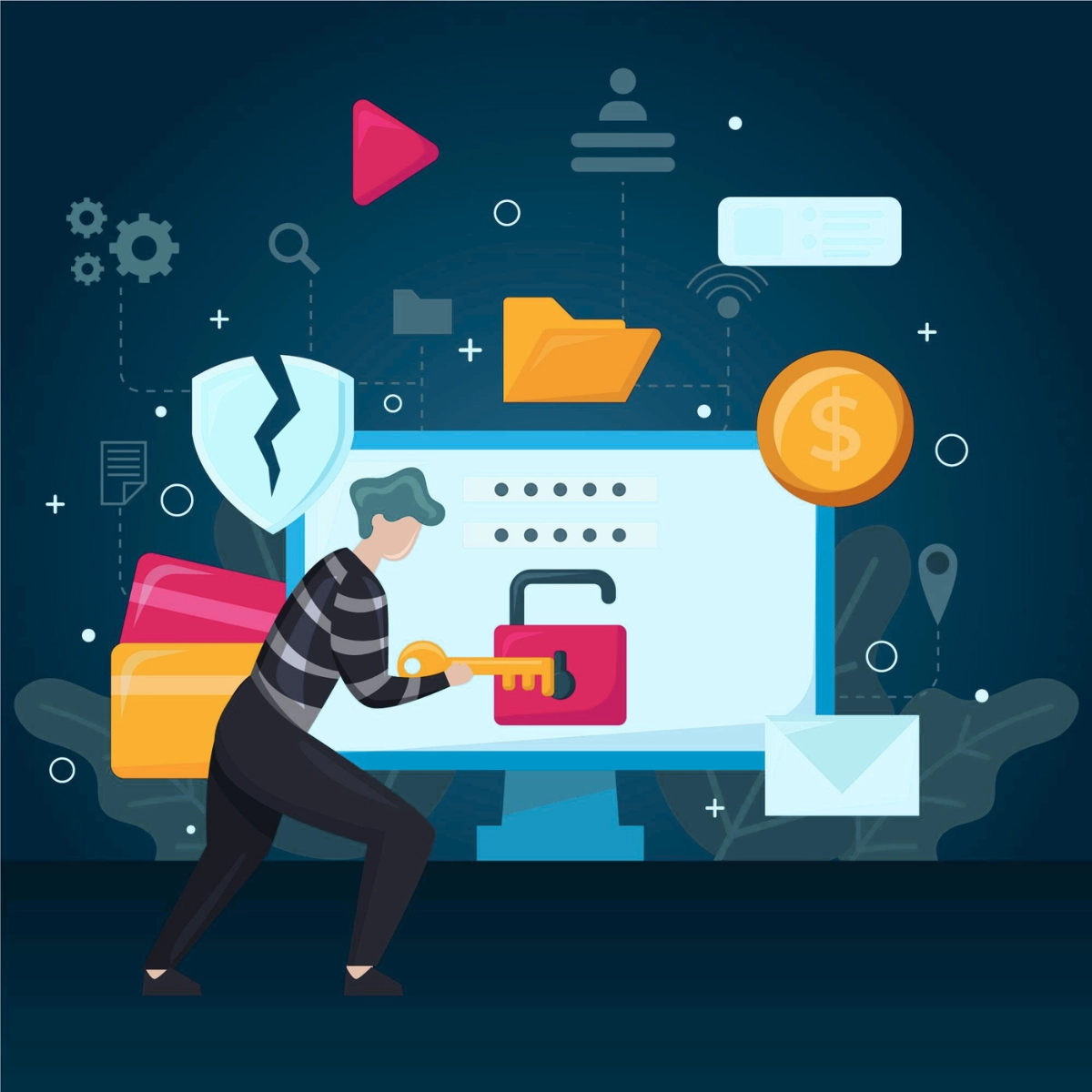 A person addressing a broken sheild sign trying to unclock with a key and data files in the background, illustrating the Data Collection & Threat Handoff approach to monitor a brand.