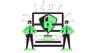 A person addressing a broken sheild sign trying to unclock with a key and data files in the background, illustrating the Data Collection & Threat Handoff approach to monitor a brand.