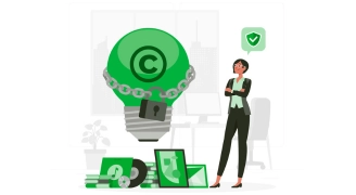 Illustration of a businesswoman standing confidently because of Mitigata next to a large green light bulb with a copyright symbol, secured by a chain and padlock, representing intellectual property protection.