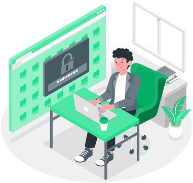 A person addressing a broken sheild sign trying to unclock with a key and data files in the background, illustrating the Data Collection & Threat Handoff approach to monitor a brand.